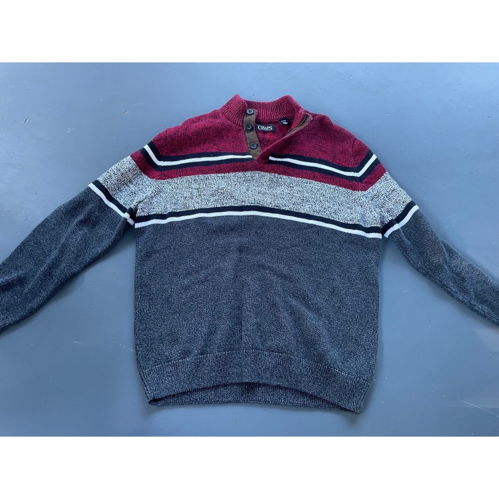 Chaps Mens XL Mock Neck Button Pullover Sweater Red Grey Cotton Colorblock